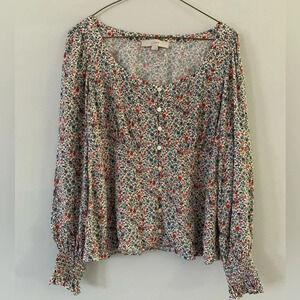 Loft Floral Funky Multi Color Blouse Long Sleeve Top Bell Bottom Sleeves Size S